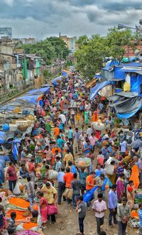 High angle view of people in city