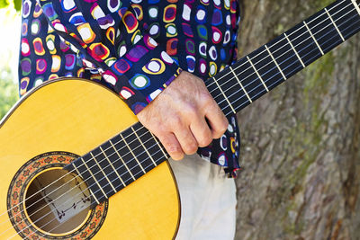 Midsection of man holding guitar by tree