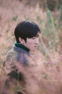 High angle view of man by plants