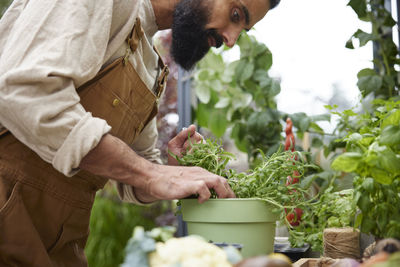 Low section of man holding plant