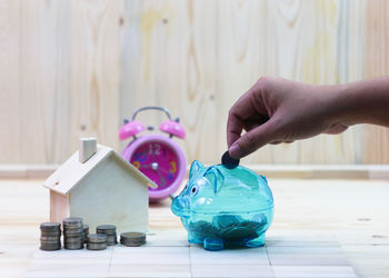 Person holding coin over piggy bank by wooden model home