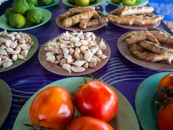 High angle view of fruits in plate on table