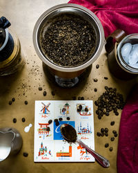 High angle view of coffee on table