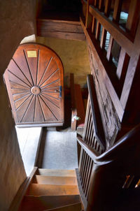 High angle view of spiral staircase in old church