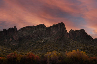 Scenic view of mountains against sky during sunset