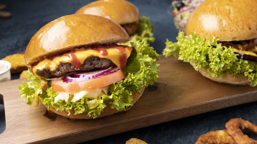 Close-up of burger on table