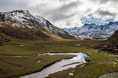 Scenic view of snowcapped mountains against sky