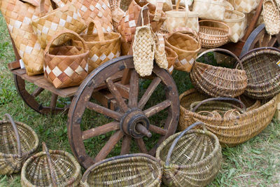 High angle view of wicker baskets for sale at market