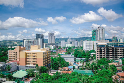 High angle view of buildings against sky