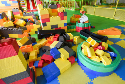 High angle view of toys on table