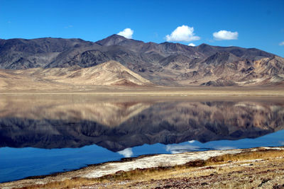 Scenic view of lake by mountains against blue sky