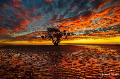 Scenic view of sea against dramatic sky during sunset