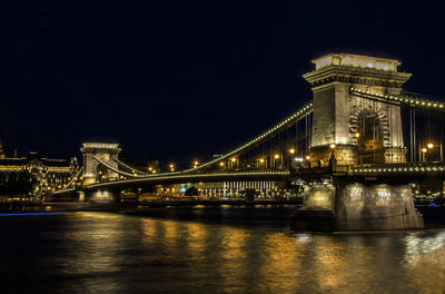 Illuminated bridge over river at night