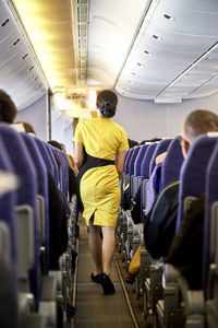 Rear view of airhostess in airplane