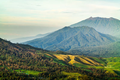 Scenic view of mountains against sky at kawah ijen, banyuwangi - bondowoso, east java, indonesia