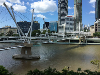 Bridge over river against buildings in city