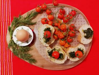 High angle view of pizza in plate on table