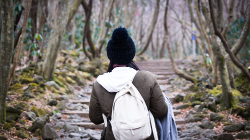 Rear view of woman standing in forest