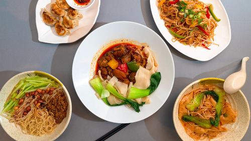 High angle view of food served on table