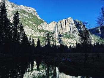 Scenic view of lake by mountains against clear sky