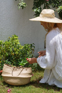 Woman picking red chili peppers in the garden