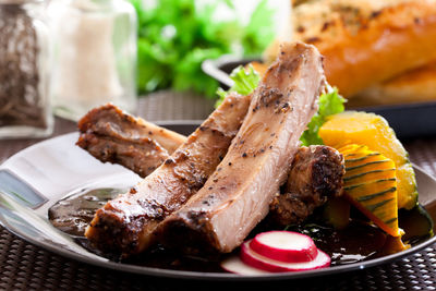 Close-up of food served in plate on table