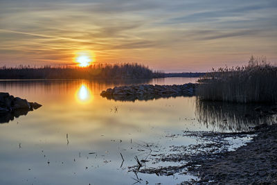 Scenic view of lake against sky during sunset