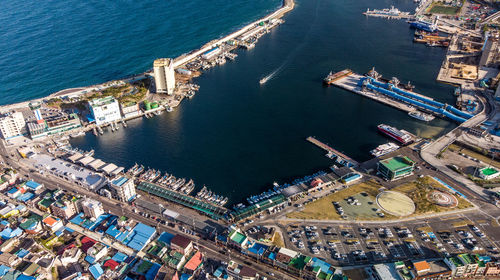 High angle view of city at waterfront