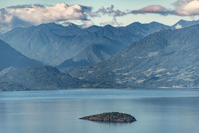 Scenic view of lake by mountains against sky