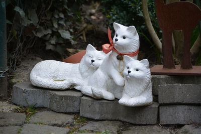 Sculpture of domestic cats on blocks by plants in yard