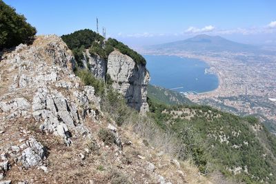 Scenic view of sea and mountains against sky