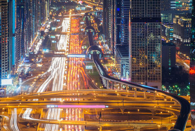 High angle view of dubai downtown highway at night