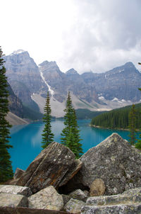 Scenic view of mountains and lake against sky