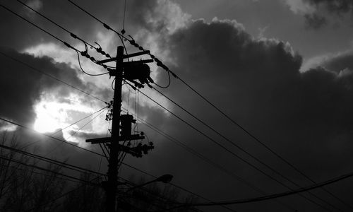 Low angle view of electricity pylon against cloudy sky