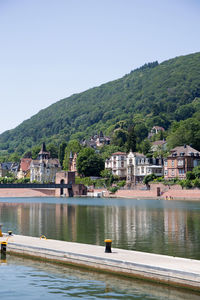 Scenic view of lake by buildings against sky