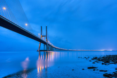 The vasca da gama bridge over the river tagus in lisbon, portugal, at dusk