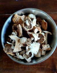 High angle view of mushrooms in bowl on table