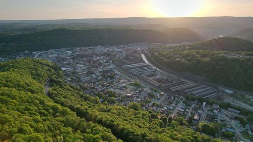 High angle view of townscape against sky at sunset