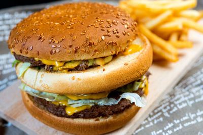 Close-up of burger on table