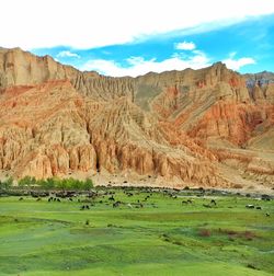 Scenic view of landscape by mountains at upper mustang