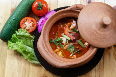 High angle view of vegetables in bowl on table