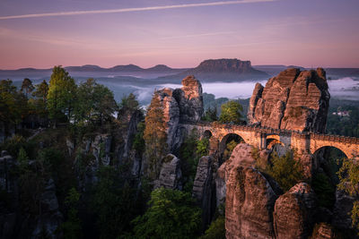 Bastei bridge surise fog in sächsische schweiz