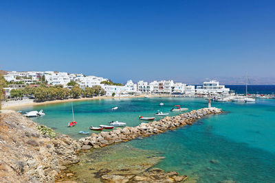 Scenic view of bay against clear blue sky