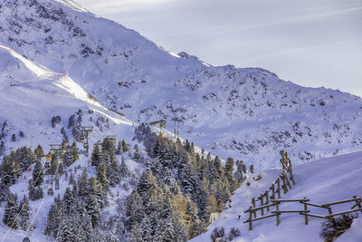 Scenic view of snow covered mountains against sky