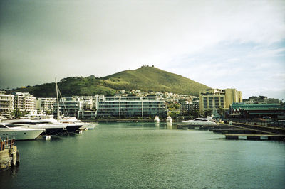 Boats moored at harbor in sea against sky