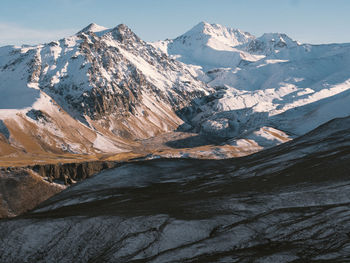 Aerial view of snowcapped mountains against sky