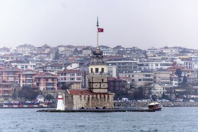 Boats in river with city in background