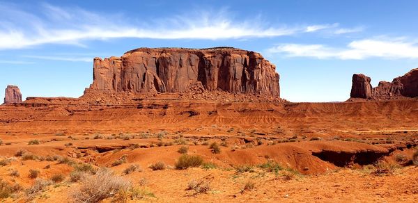 Rock formations on landscape against cloudy sky