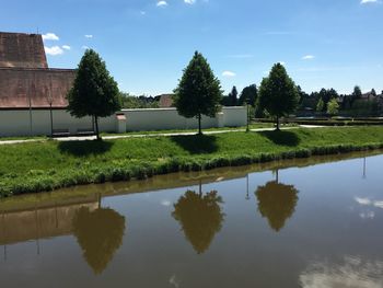 Reflection of trees in lake against sky