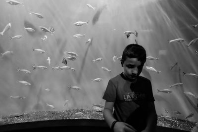 Thoughtful boy against fish in aquarium